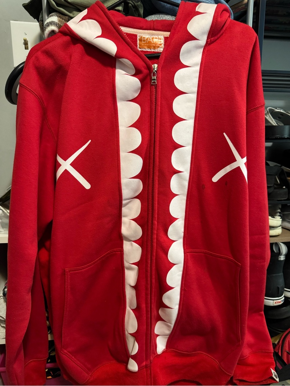 Bape Red Zip Hoodie with Playful White Trim